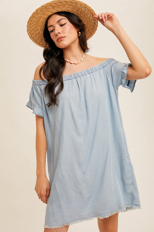 Denim Blue Shoulder Ruffle Dress