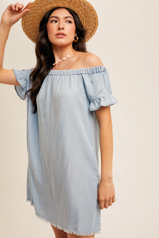 Denim Blue Shoulder Ruffle Dress