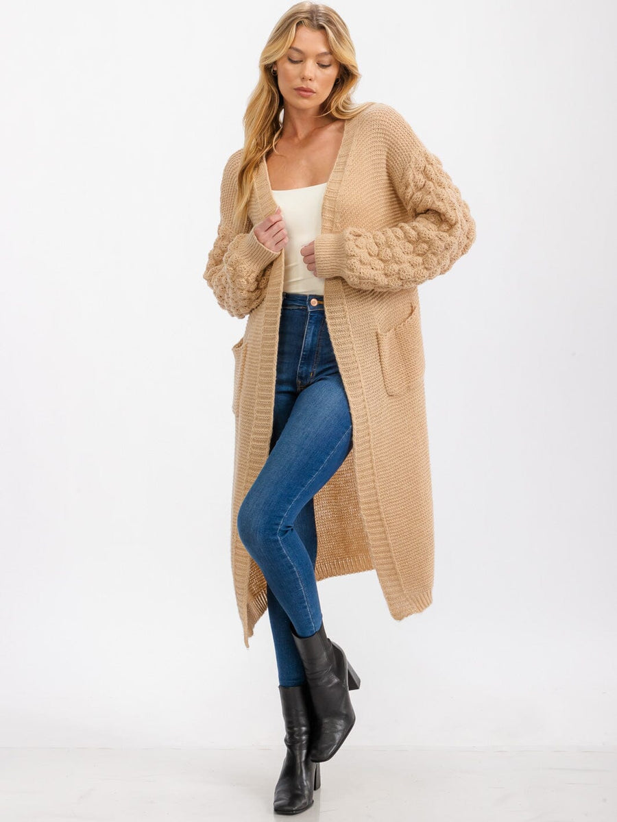 Waffle Knit Textured Sleeve Long Cardigan