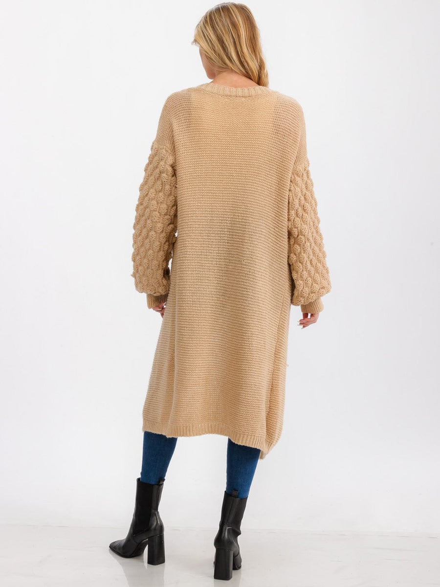 Waffle Knit Textured Sleeve Long Cardigan