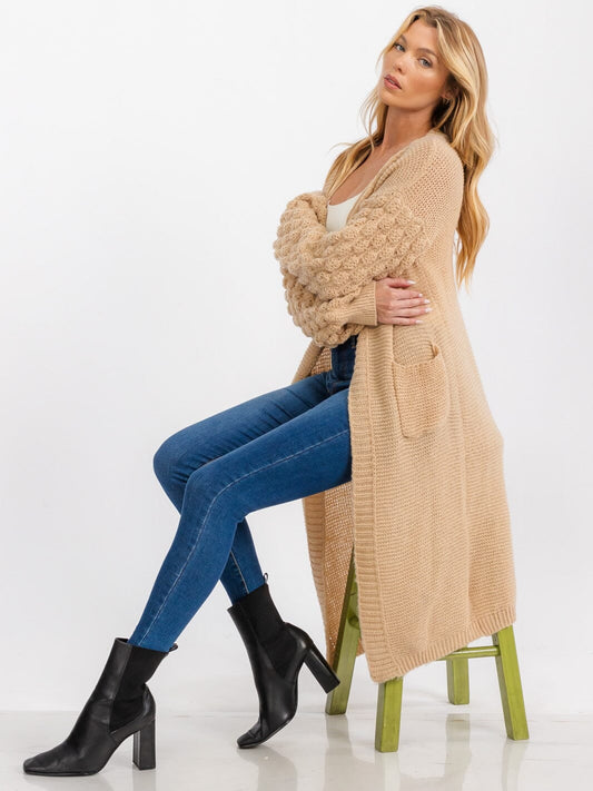 Waffle Knit Textured Sleeve Long Cardigan