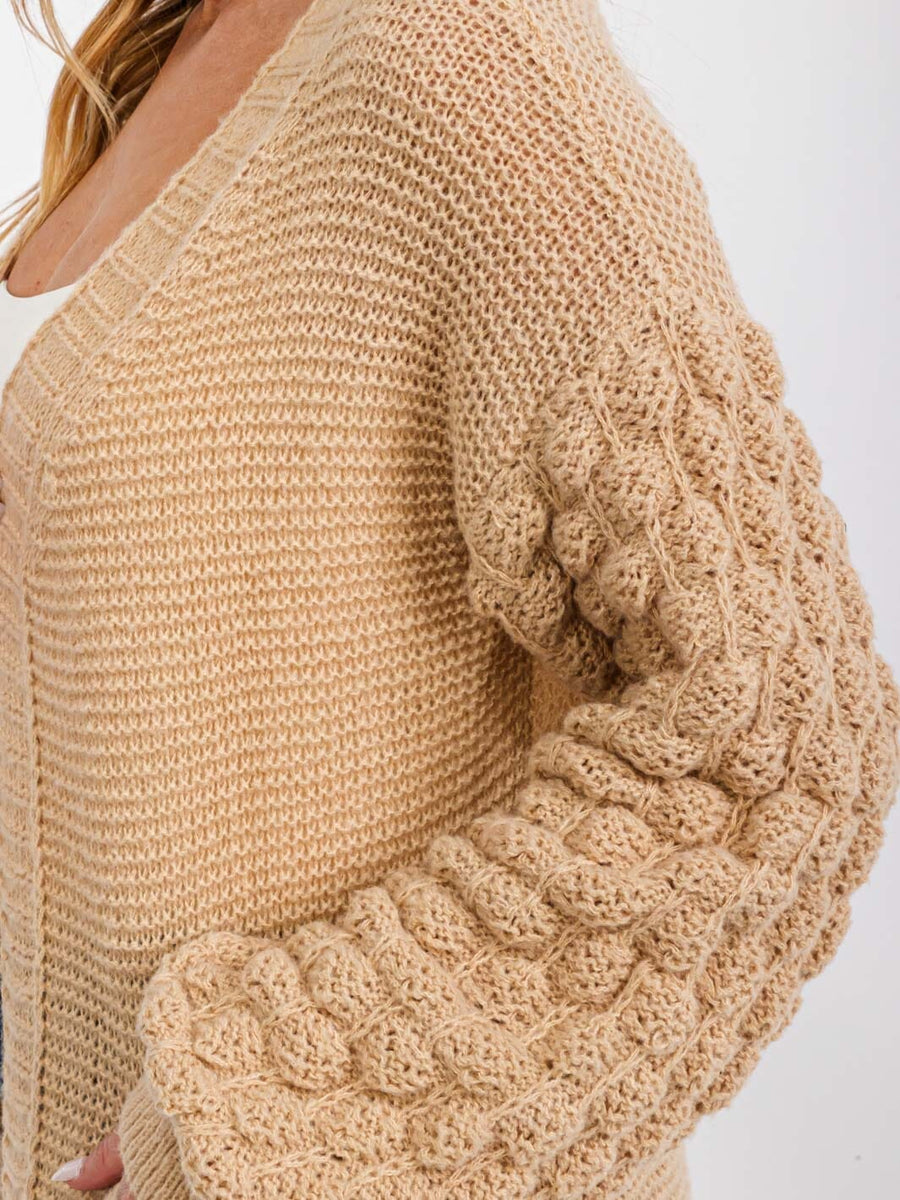 Waffle Knit Textured Sleeve Long Cardigan