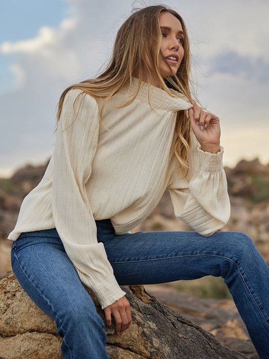 Ivory Mock Neck Ribbed Blouse