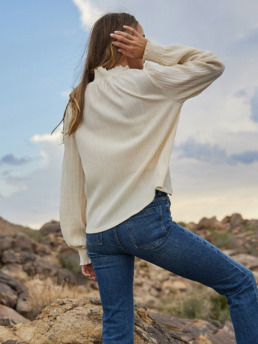 Ivory Mock Neck Ribbed Blouse