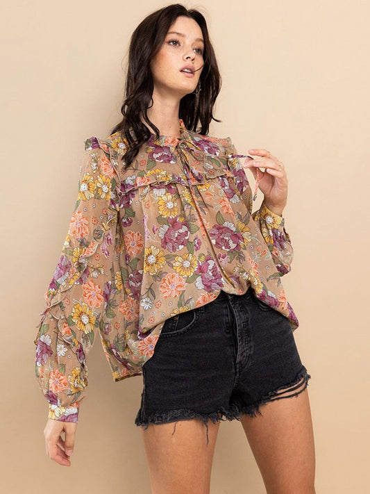 Multicolor Sheer Long Sleeve Floral Blouse