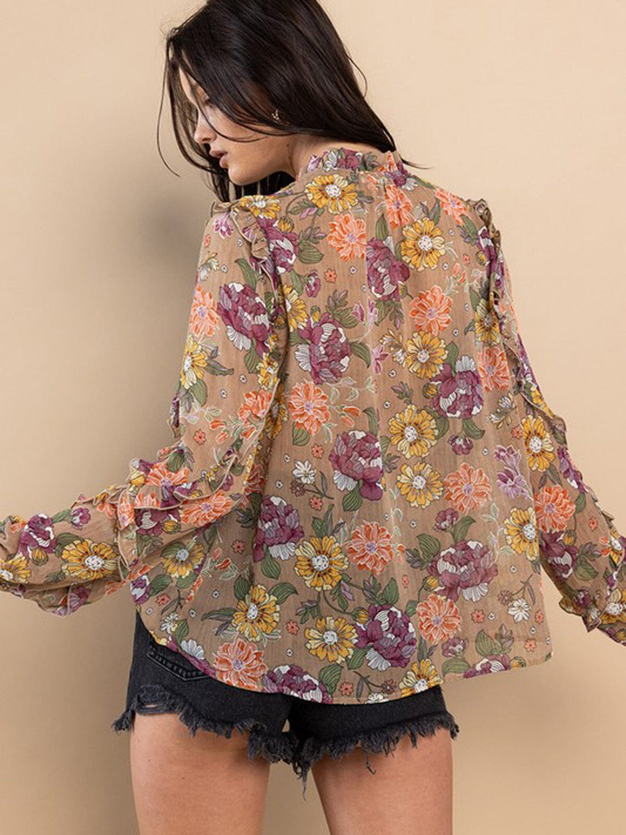 Multicolor Sheer Long Sleeve Floral Blouse