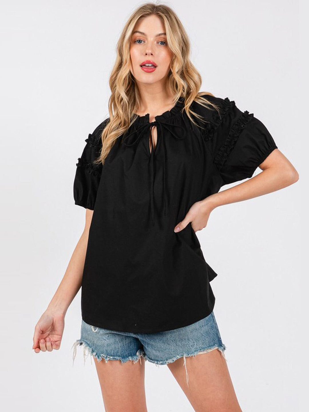 Black Ruffle Short Sleeve Blouse