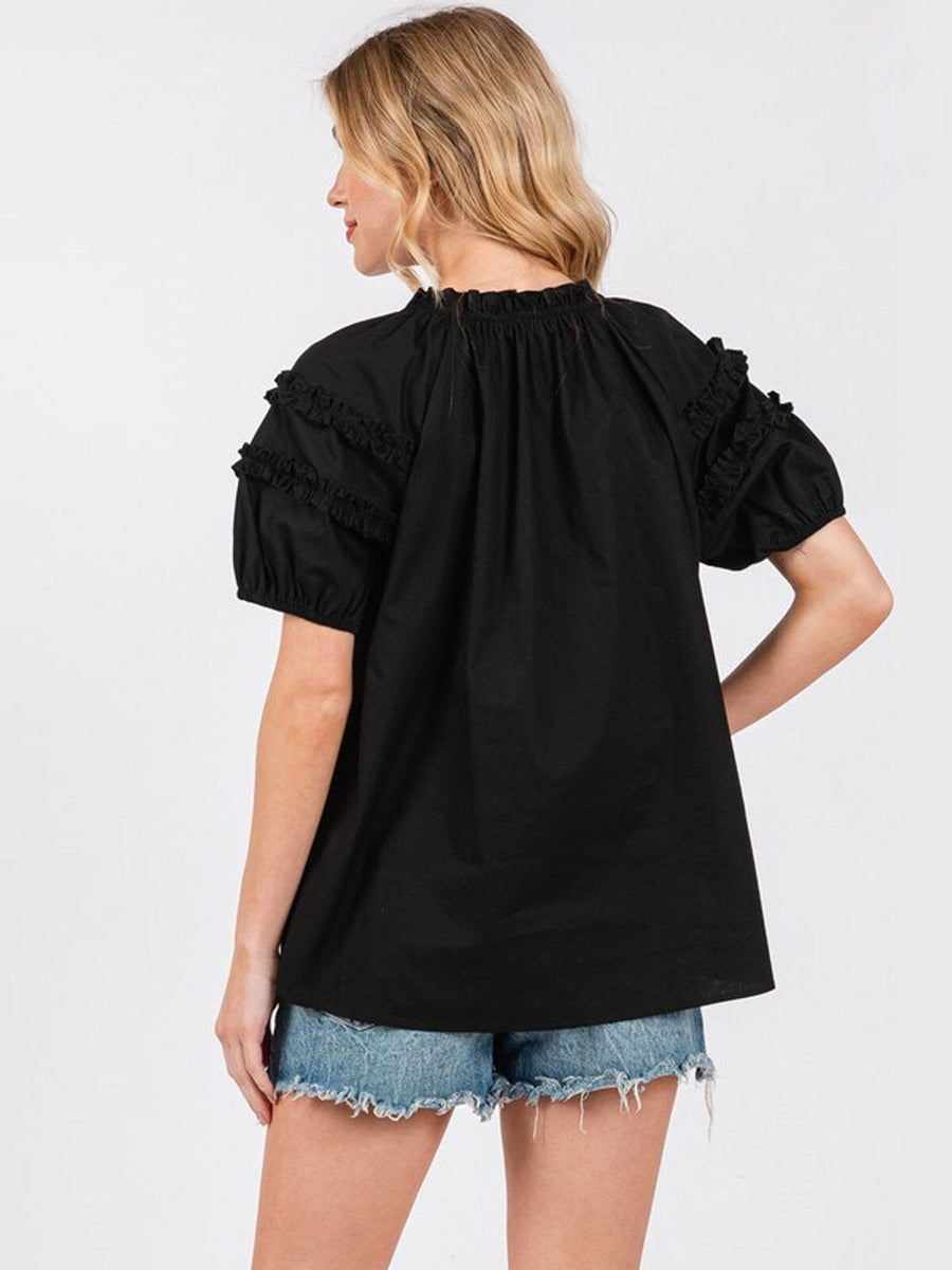 Black Ruffle Short Sleeve Blouse