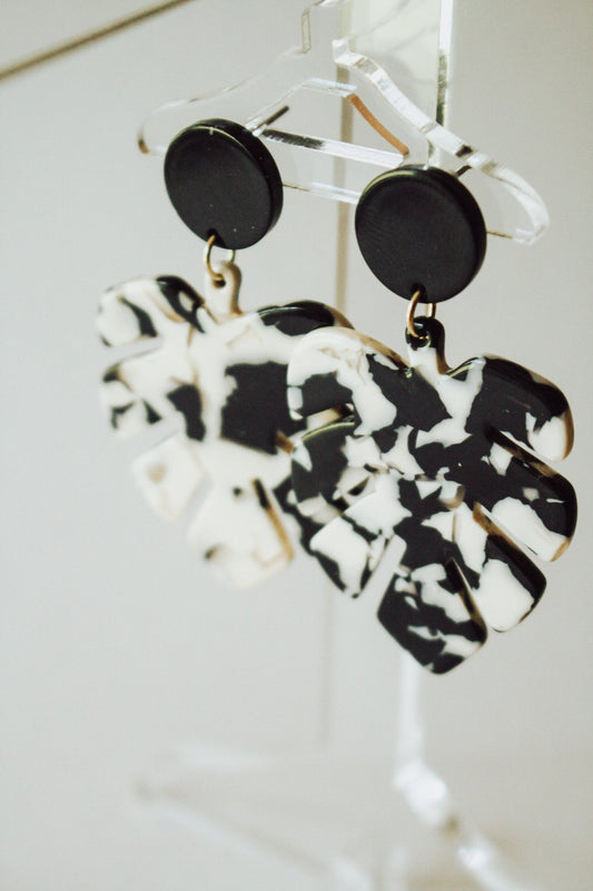 Marbled Acrylic Leaf & Black Post Earrings