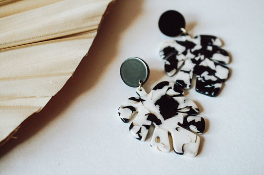 Marbled Acrylic Leaf & Black Post Earrings